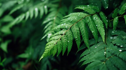Aufkleber - Lush fern fronds covered in glistening dew drops evoke a sense of tranquility in a dense woodland setting, with ample space to add text or graphics
