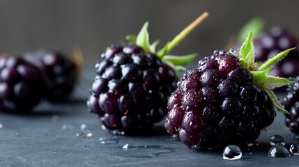Aufkleber - Single glossy blackberry with delicate water droplets rests on dark slate, softly blurred background enhances the visual appeal of fresh fruit in warm light