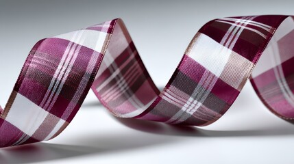 Poster - Festive ribbon bow in plaid fabric is tightly curled and set against a smooth white background, showcasing gentle shadows and available copy space on the left