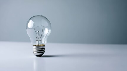 Aufkleber - Close-up shot of a glowing incandescent light bulb standing upright on a bright white surface, representing innovation and creativity with clear space for text
