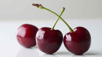 Aufkleber - Two glossy red cherries are elegantly connected by a green stem, resting on a bright white background with soft shadows enhancing their freshness and appeal