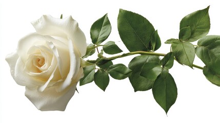 Poster - Delicate white rose displays creamy textured petals and lush green leaves, elegantly set against a clean white backdrop, creating a serene visual experience