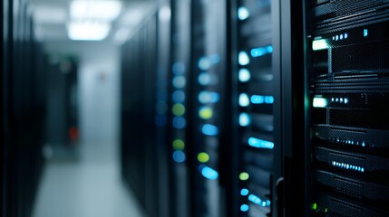Aufkleber - Rows of advanced data server racks are neatly arranged in a dimly lit room, showcasing bright blue LED lights to emphasize their technological precision