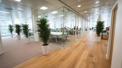 Aufkleber - Bright and airy open-plan workspace featuring sleek furniture and frosted glass partitions, fostering a productive atmosphere with soft natural light