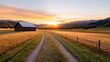 © Freshpixel - A serene landscape featuring a rustic barn against a beautiful sunrise backdrop, highlighting the quiet beauty of nature and rural living in the countryside.