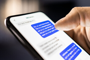 text messages in phone. texting mobile sms with friend on chat app. business conversation. scam or f
