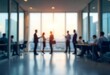 © Juli - Blurred modern office interior background with glass windows, soft natural light, people silhouettes, realistic depth of field, high resolution