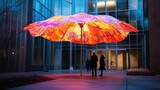Large, vibrant, illuminated umbrella sculpture in a modern urban plaza at twilight