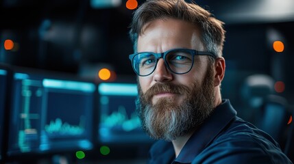 A focused programmer with a beard and glasses, sitting in front of multiple monitors showcasing complex graphs and data, reflecting the essence of modern tech work.
