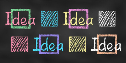 Wall Mural - Realistic Chalk Drawn Sketch. Set of Design Elements Squares and Words “Idea” Isolated on Chalkboard Backdrop.