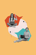 © deagreez - Creative picture collage of two people use netbook for speaking working on orange color background
