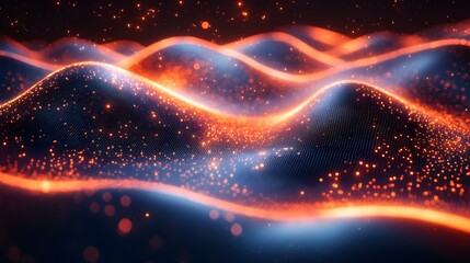 Abstract waves of glowing particles flow across a digital landscape, creating a sense of movement and dynamic energy