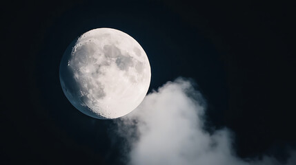 Wall Mural - Bright moon glowing in dark night sky with flowing white cloud creating mystical and serene atmosphere