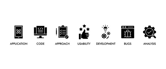 Software testing banner web icon set vector illustration concept with icon of analysis, development, application, code, approach, usability, and bugs icons infographics symbol background