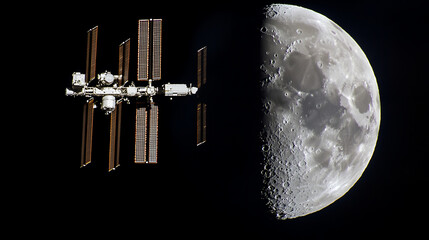 Wall Mural - International Space Station orbiting near detailed half moon in space, showing solar panels and lunar craters with dark starry background, evoking awe and wonder