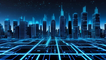 Circuit lines forming the layout of a futuristic city skyline technology background