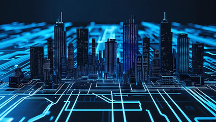 Circuit lines forming the layout of a futuristic city skyline technology background