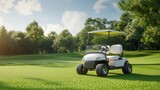 Golf cart on green course with trees under sunny sky.