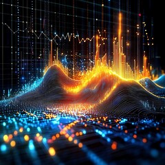abstract digital landscape with glowing data points and gridline, black background