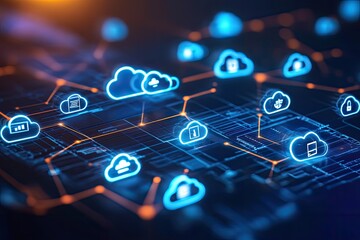 Cloud computing network with interconnected icons  A complex network of linked cloud computing icons,  depicting data transfer and storage, displayed on a dark circuit board background