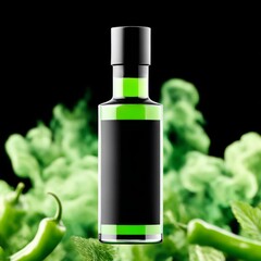 Poster - Green Elixir: A Sleek Bottle Product Display with Pepper, Mint, and Mysterious Vapor on a Black Background