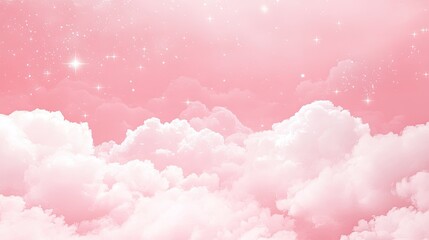Wall Mural - Dreamy Pink Skyscape with Soft Clouds and Sparkling Stars, Delicate Hues