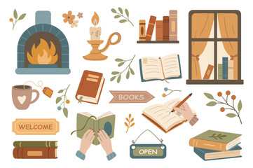 Aufkleber - Cozy bookshop set in flat graphic design. Collection isolated elements of books, fireplace, candle, bookshelf, window, tea cup, welcome and open banners, reading, flowers, other. Vector illustration.