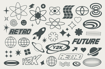 Aufkleber - Retro futuristic elements y2k style set in flat graphic design. Collection isolated symbols of black groovy stars, lightnings, atoms, cosmic rocket, planets, other figure shapes. Vector illustration.