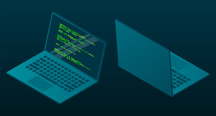 Isometric laptop. 3d isometric laptop computer. Abstract programming language and program code on a laptop screen. Isometric technology