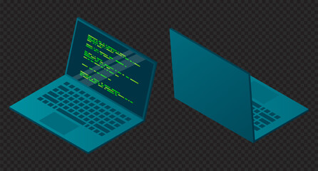Isometric laptop. 3d isometric laptop computer. Abstract programming language and program code on a laptop screen. Isometric technology