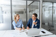 © Stock 4 You - Mature mentor senior leader man, young woman manager discussing project on laptop in modern office. Two partners, colleagues, team of professional finance specialist business people working together