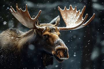 dramatic lighting on moose with snowflakes and large antlers