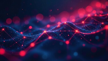 Abstract digital network; glowing red and blue nodes, lines , intelligence, abstract