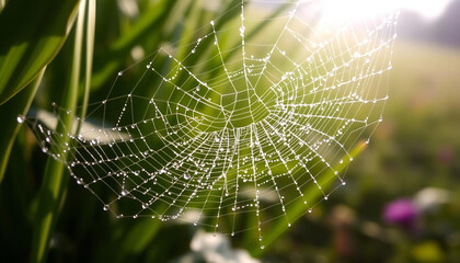 Close-Up of Dew-Covered Spider Web