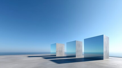 Leinwandbilder - Abstract 3D Rendered Minimalist Background with Clear Blue Sky, Empty Concrete Floor, and Three White Mirrored Cube Buildings on Horizon for Product Presentation, Mockup, or Banner Design