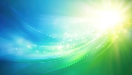 bright sun with green-blue waves and light streaks in colorful sky.