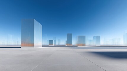 Aufkleber - Abstract 3D Rendered Ultra-Realistic Scene with Clear Blue Sky, Glass Cube Buildings, and Clean Concrete Floor Background for Modern Architecture Visualization, Product Mockup, or Commercial Advertise