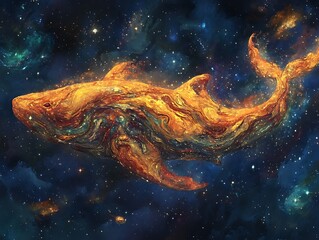 abstract golden whale in cosmic nebula background. possible use stock photo for science fiction or f