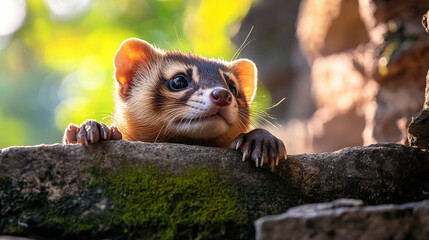Poster - Curious ferret peeks over moss covered stone wall, surrounded by vibrant greenery and soft sunlight. scene captures playful and inquisitive nature of animal