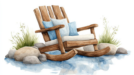 Poster - Delicate watercolor illustration of wooden rocking chair with blue cushions, surrounded by stones and grass, reflecting tranquility and nature