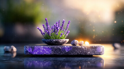 Fototapete - Serene scene featuring lavender plant in small bowl on stone slab, surrounded by pebbles and soft candlelight, creating tranquil atmosphere