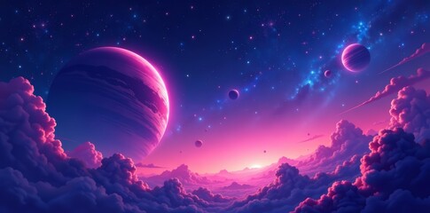 Wall Mural - Vibrant anime space background with twinkling stars and distant planets, galaxy, planet, stars