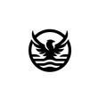 © MatandSterre - Minimalist Majestic Eagle or Phoenix Emblem Logo over Water in Circle - Black and White Vector Graphic