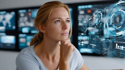 Vision of Innovation: A contemplative woman gazes thoughtfully at holographic interfaces. She is poised in a cutting-edge tech environment.