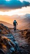 © Olsek - A biker rides through stunning mountain trails at sunset. The vibrant hues of the sky contrast with the rugged terrain. Adventure awaits in every turn. Generative AI.