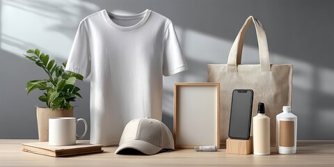 A collection of eco-friendly lifestyle items including a t-shirt, tote bag, cap, mug, plant, phone, and bottles on a wooden table.