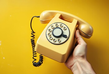 Wall Mural - Vintage phone receiver, hand holding, yellow grunge background, halftone dots, background, blank space