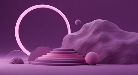 Poster - A purple background with a pink circle and pink and purple spheres