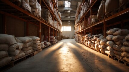 Fototapete - Warm golden light streams through the warehouse windows, casting soft shadows on the concrete floor