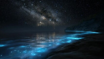 night sky over bioluminescent ocean at night. milky way galaxy visible above dark cliff and glowing 